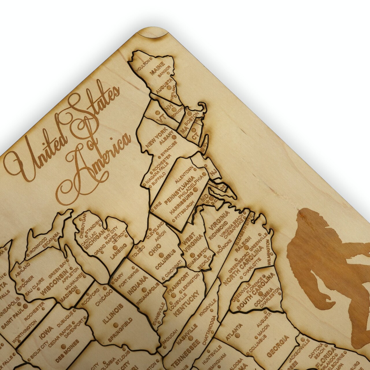 50 State BIGFOOT WITH CITIES American Puzzle Map - Art Kit - Raw Wood 12x18 Inches - 51 Pieces - With Stand